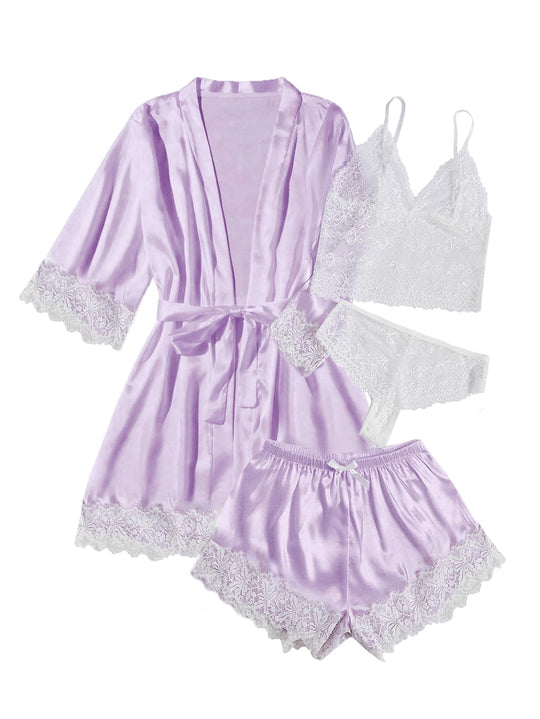 4-teiliges Seidensatin-Pyjama-Set: lila Kimono mit Spitze, Träger-Cami und Shorts