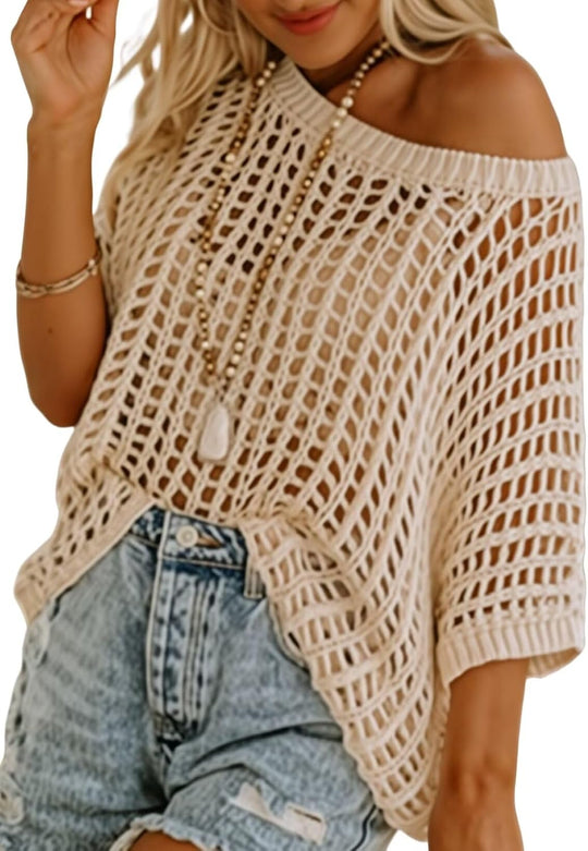 Cream crochet off-shoulder cover-up top, wide short sleeves, open-knit pattern