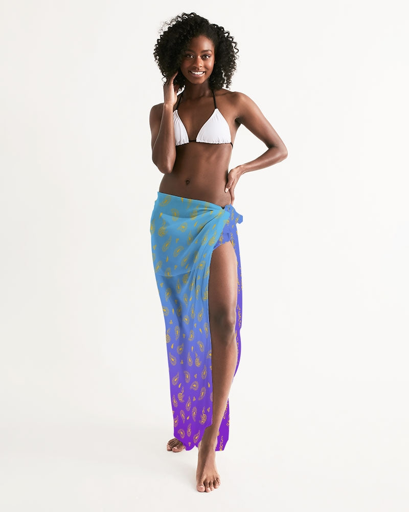 Turquoise wrap swim cover-up with purple drape, gold paisley print, tie at side