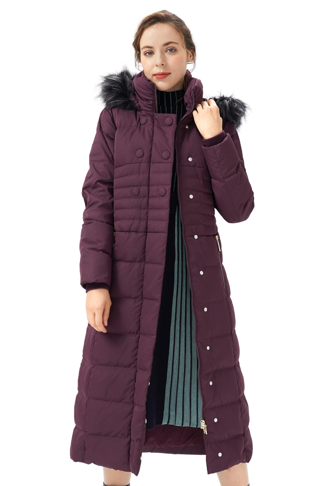 Orolay warm down jacket with hood fur trim, purple long puffer coat