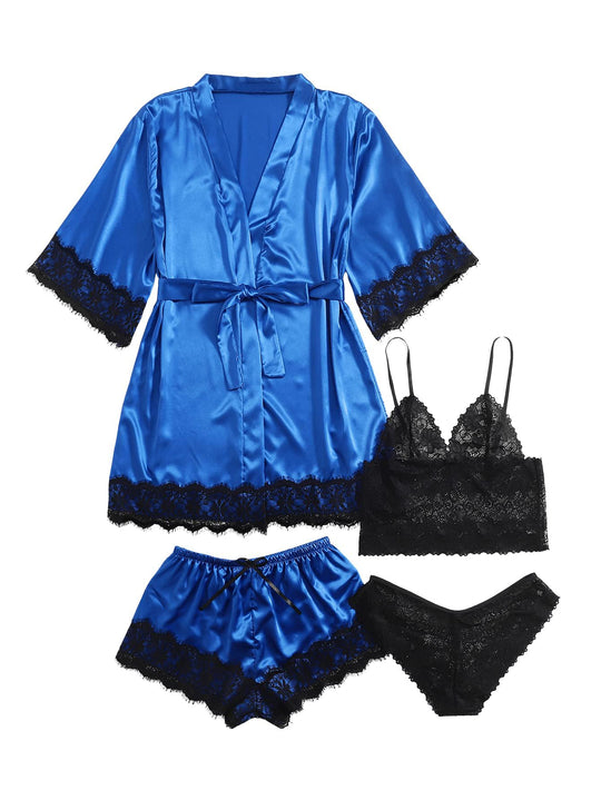 Royal blue silk satin pajama set with black lace: robe, camisole, shorts and thong