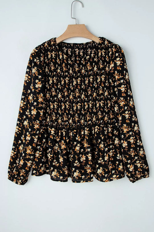 Floral Print Smocked Waist Long Sleeve Blouse