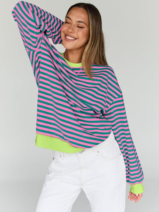 Gestreifte Oversize-Sweatshirt-Optik mit langen Ärmeln und Lime-Bündchen