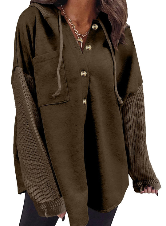 Oversized button hoodie with pocket and drawstring, olive/brown