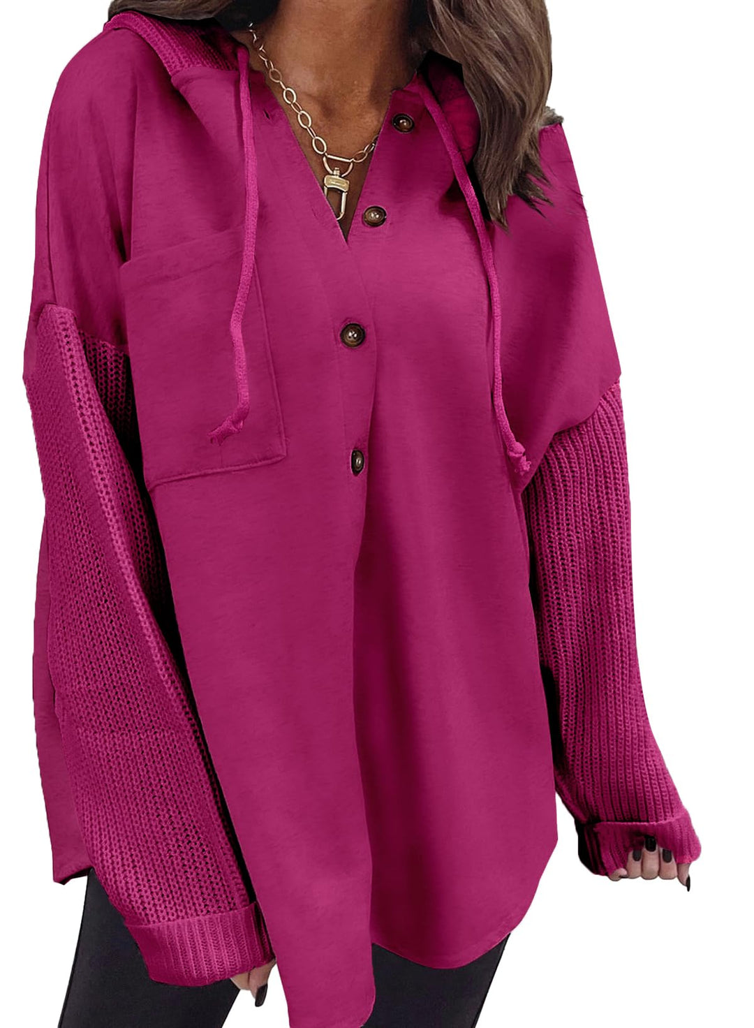 Oversized button hoodie in magenta with hood and front pocket