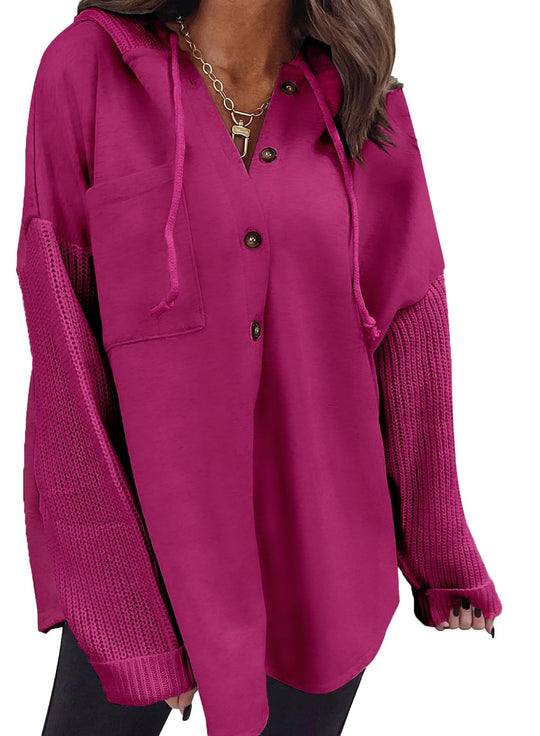 Oversized button hoodie with front pocket and drawstring, fuchsia/purple-pink