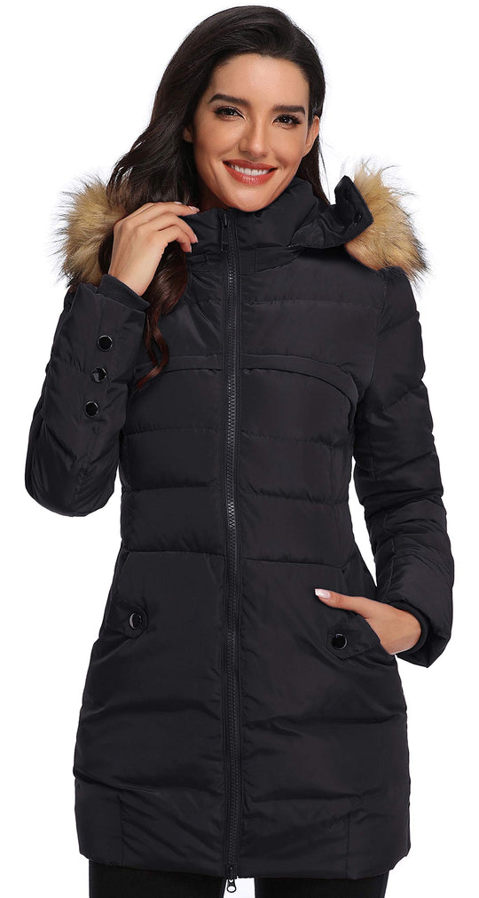 Women’s long hooded puffer down jacket in black, fur-trimmed hood and zip front