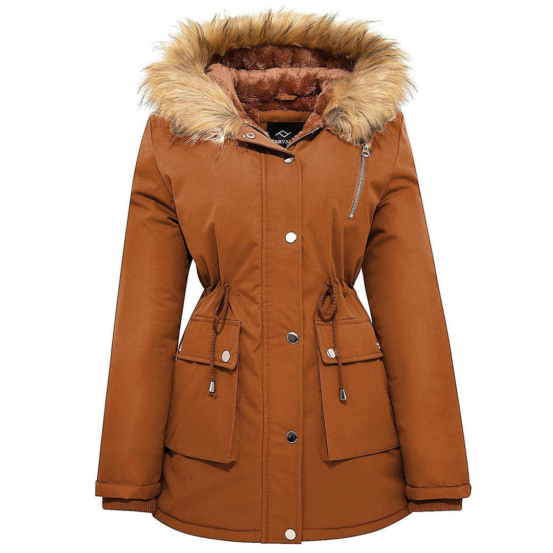 Cognac brown winter puffer parka with faux fur hood, front zip, drawstring waist, pockets