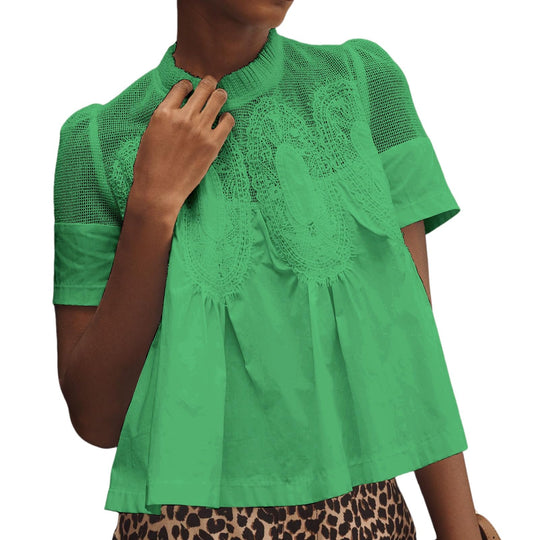 VAOYIU Women Lace-Detail Flared Blouse Short-Sleeve Crew Neck Lace Poplin Mesh Swing Top Elegant Loose Intricate Back Design
