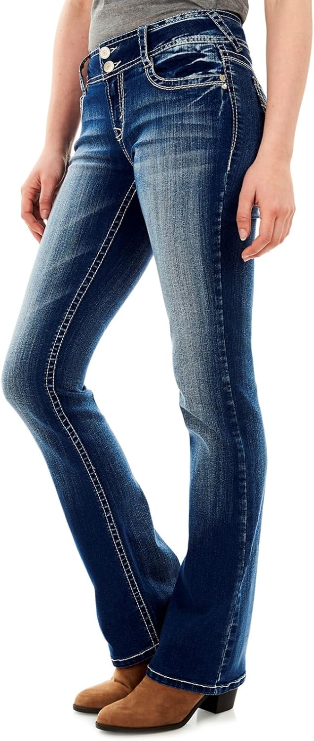 Curvy bootcut jeans, dark blue denim, mid-rise fit with curved seam stitching