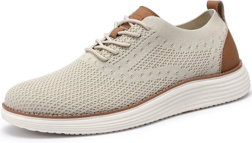 Beige lace-up mesh sneakers with thick white sole and brown side panels