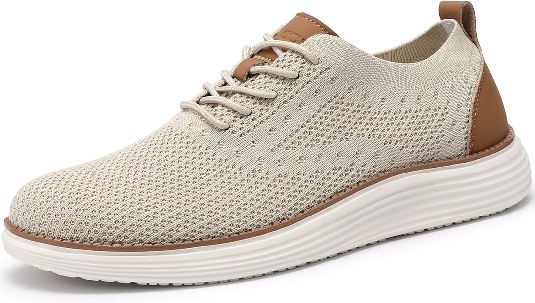 Beige lace-up mesh sneakers with thick white sole and brown side panels
