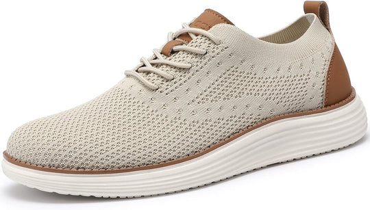 Beige lace-up mesh sneakers with thick white sole and brown side panels