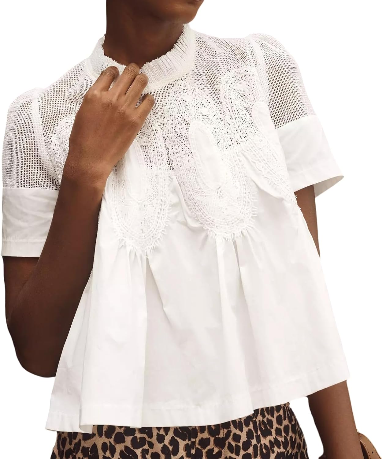 Lace-detail flared blouse with short sleeves, white crew neck and embroidered lace yoke