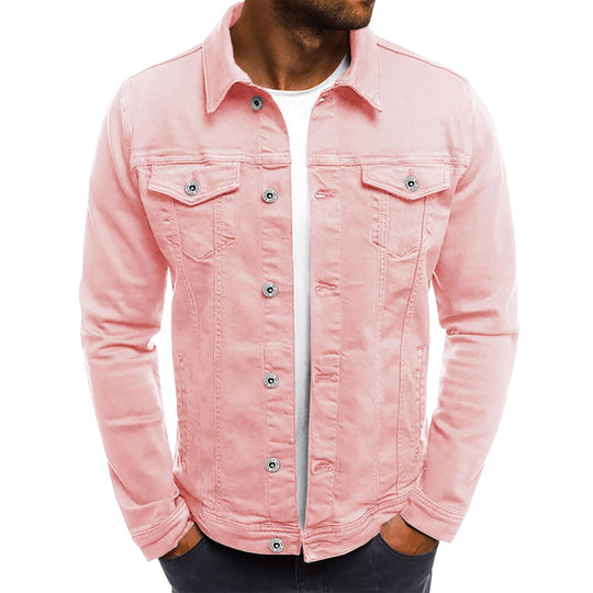 Pink slim denim jacket, button front with two chest flap pockets