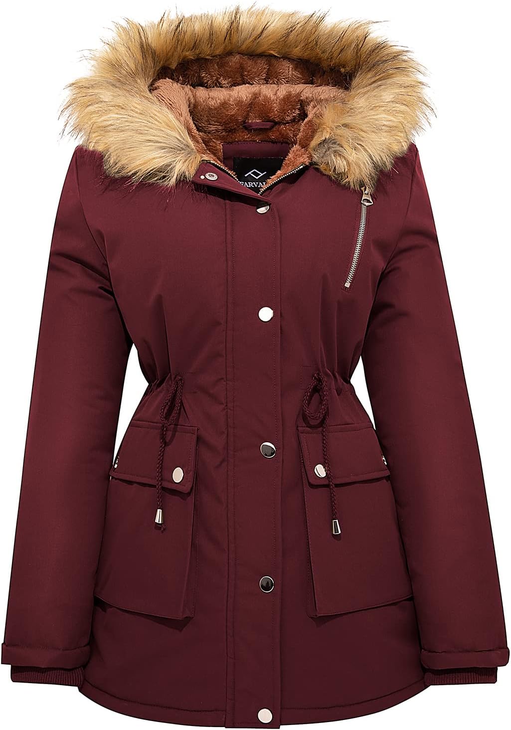 Wine-red winter puffer parka with faux-fur hood, button front, drawstring waist, pockets.