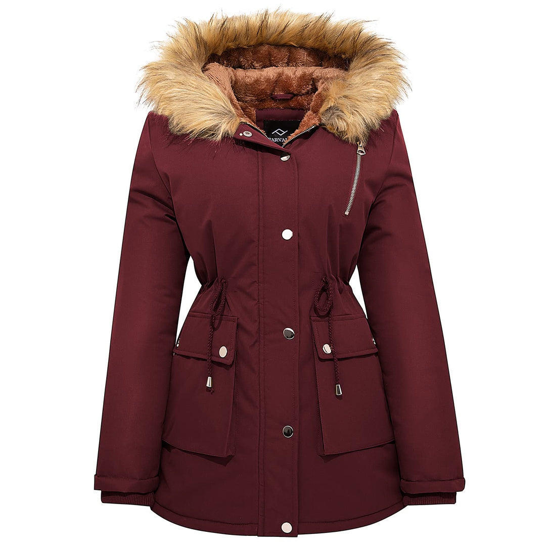 Women’s winter parka in wine red with fur-trimmed hood, drawstring waist, side pockets
