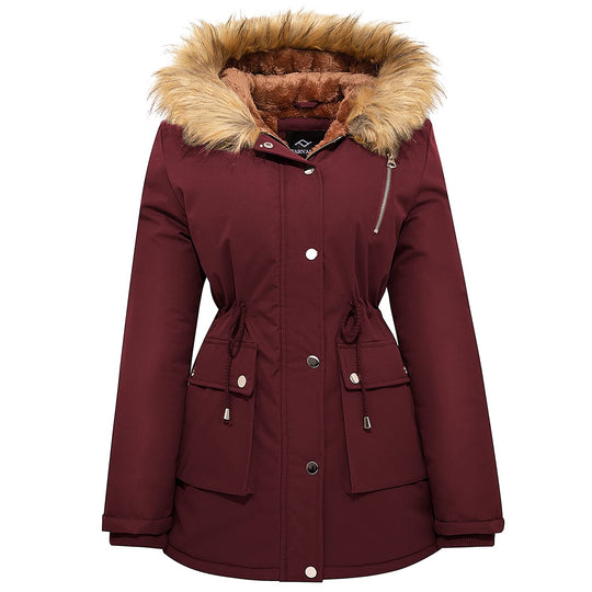 Wine red winter puffer parka with faux fur hood, front zip, drawstring waist, flap pockets