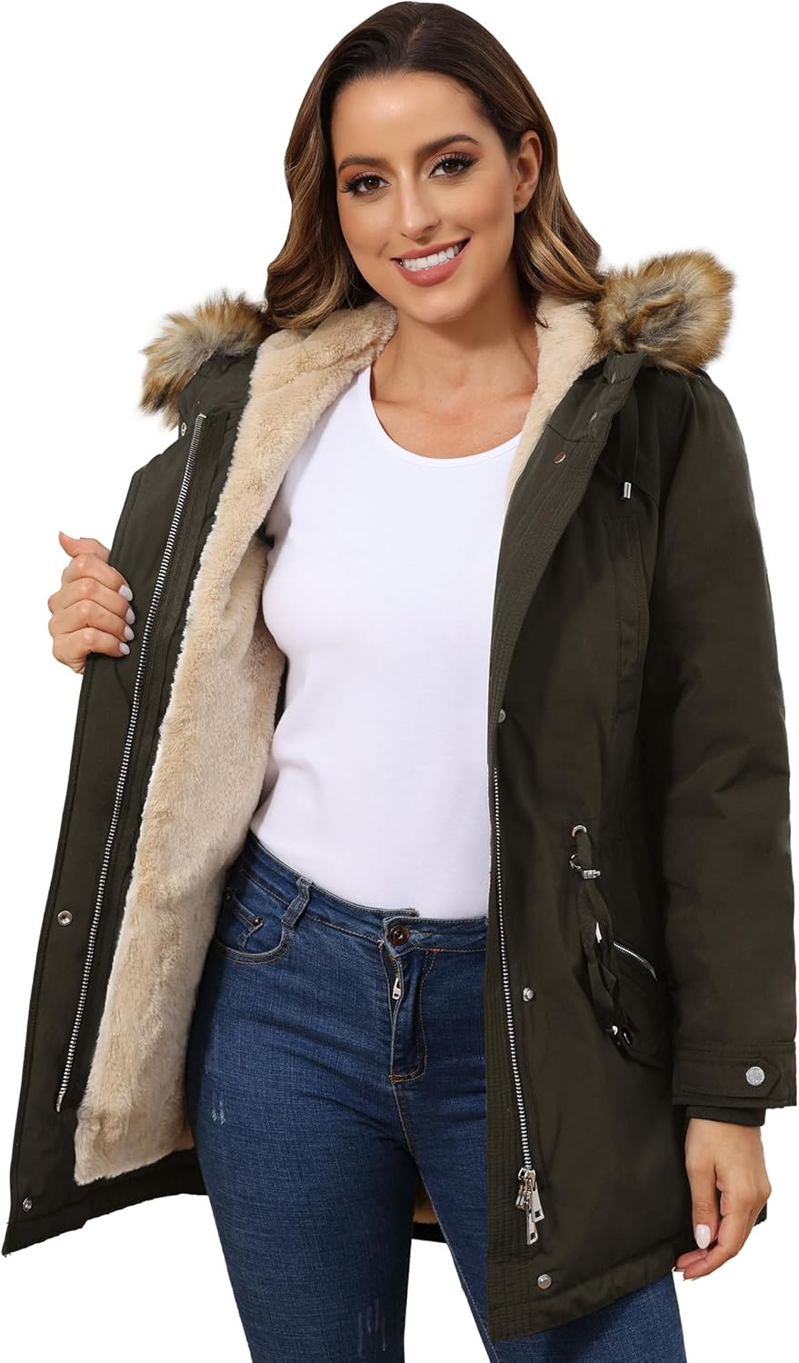 Damen Winterparka mit Kapuze, Fellfutter und Reißverschluss, dunkelgrün, mit Taschen