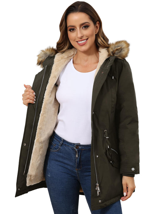 Army green parka mit Kunstfellfutter, Kapuze mit Fellbesatz und Reißverschluss