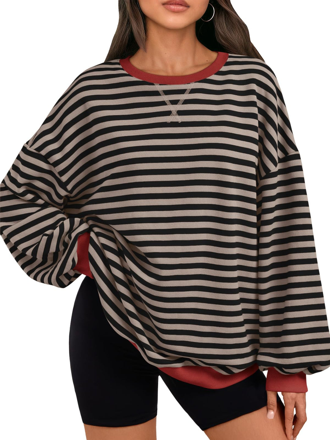 Oversized Sweatshirt schwarz-hell gestreift, gerippter Crewneck und Bündchen in Rot