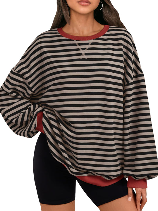 Oversized Sweatshirt schwarz-hell gestreift, gerippter Crewneck und Bündchen in Rot