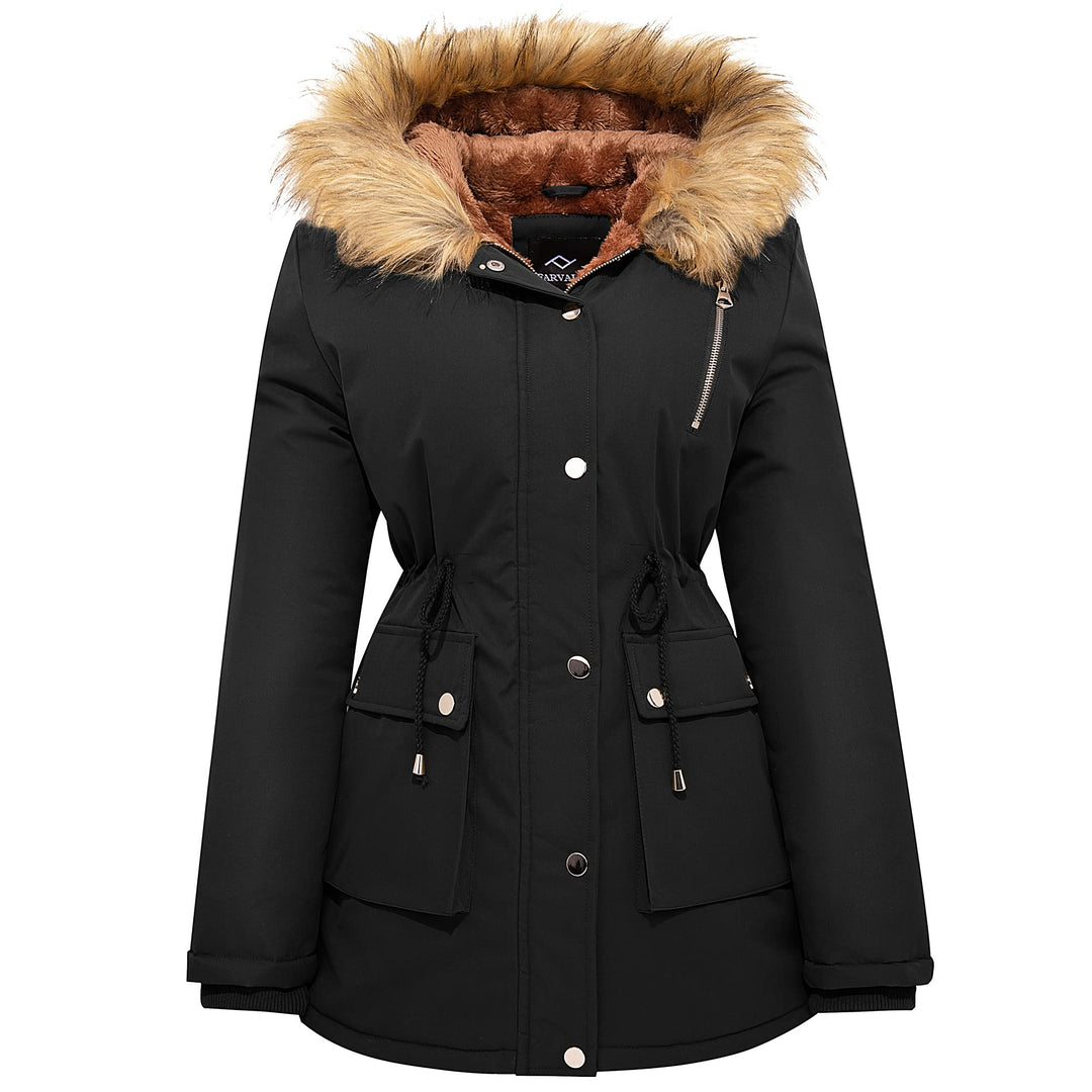 Black winter puffer parka with faux-fur hood, button front, drawstring waist, flap pockets.