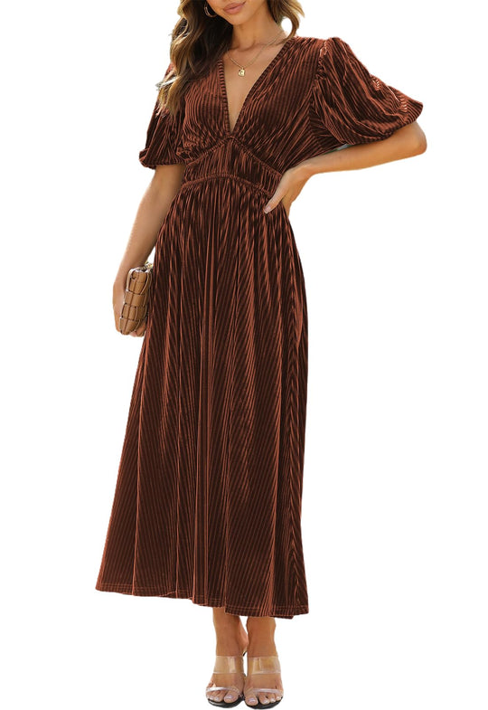 Burnt brown velvet maxi dress, V-neck, short puff sleeves, gathered waist, pleated skirt