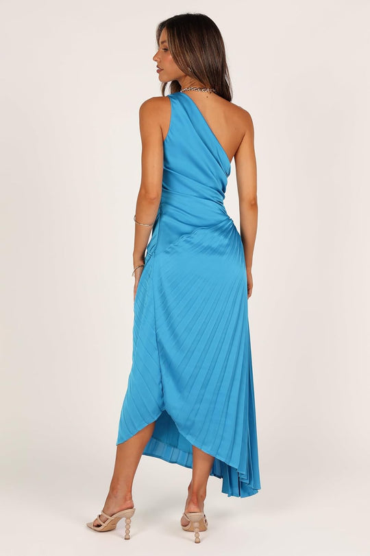 Rückansicht blaues One-Shoulder Midikleid mit drapiertem Mittelteil und Plissees
