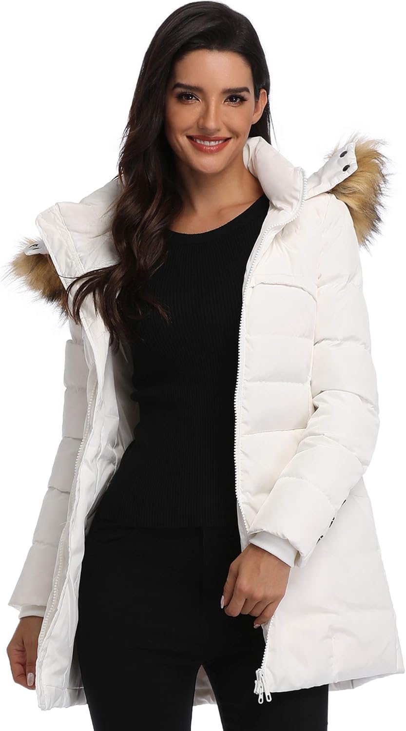 White long parka with faux-fur hood trim, quilted padded front, and buttoned cuffs