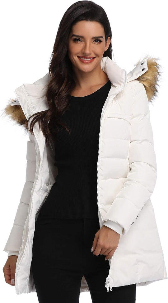 White long parka with faux-fur hood trim, quilted padded front, and buttoned cuffs