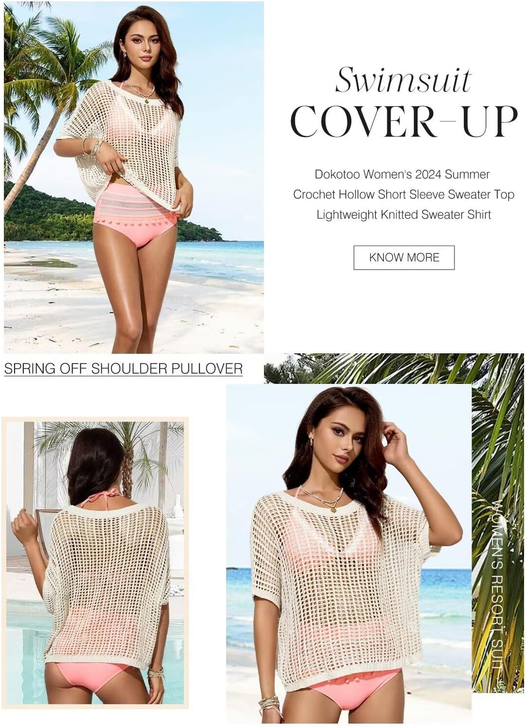 Cream off-shoulder crochet cover-up top with short sleeves, open-knit pattern