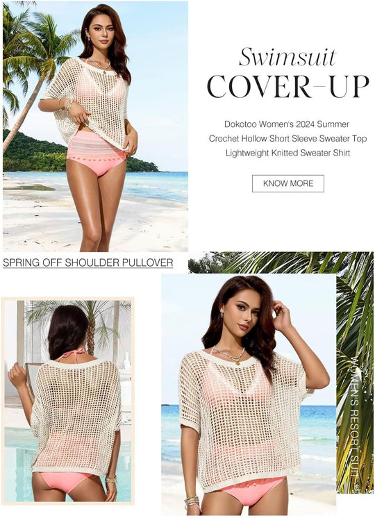 Cream off-shoulder crochet cover-up top with short sleeves, open-knit pattern