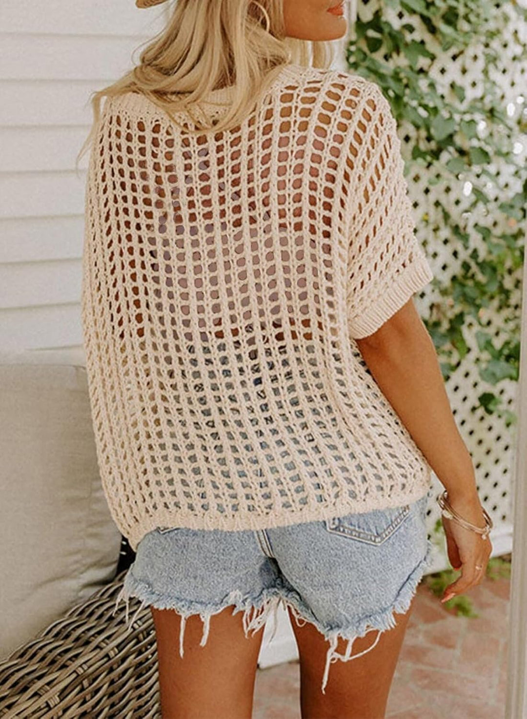 Cream crochet cover-up top, short sleeves, open lattice knit with relaxed fit