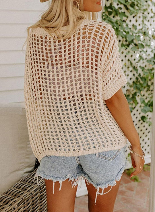 Cream crochet cover-up top, short sleeves, open lattice knit with relaxed fit
