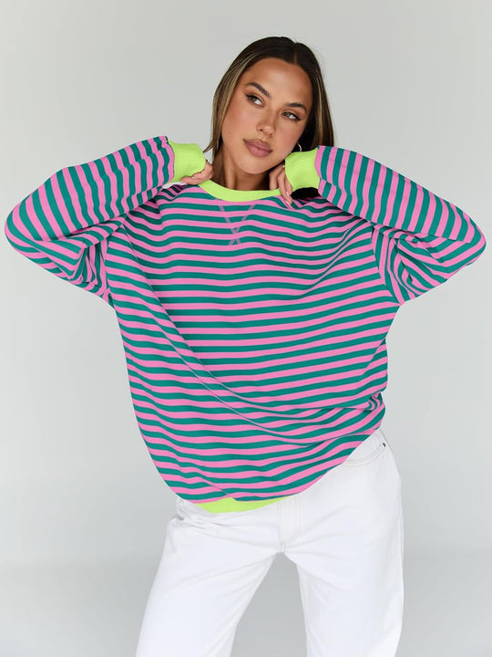 Oversize Sweatshirt mit Streifenmuster, pinkgrün, breiten Ärmelbündchen in Lime