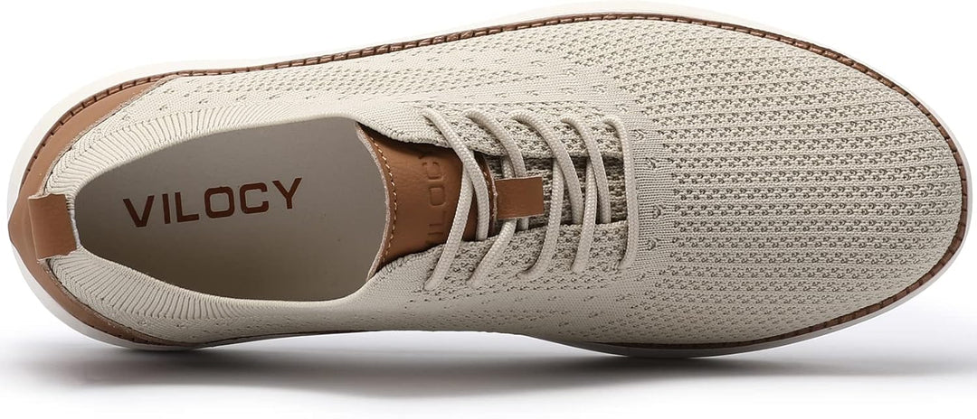 Beige low-top mesh sneaker side view with brown-trim insole and white sole