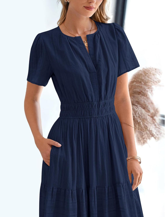 BTFBM Womens Summer 2025 Casual Midi Maxi Dresses Lightweight Short Sleeve V Neck Elastic Waist Boho Beach Dress Pockets
