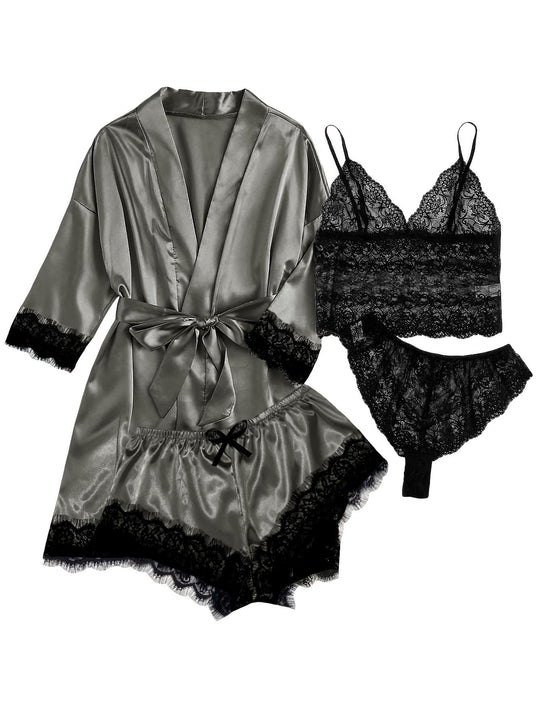Grey satin pajama set with black lace cami, briefs and matching robe