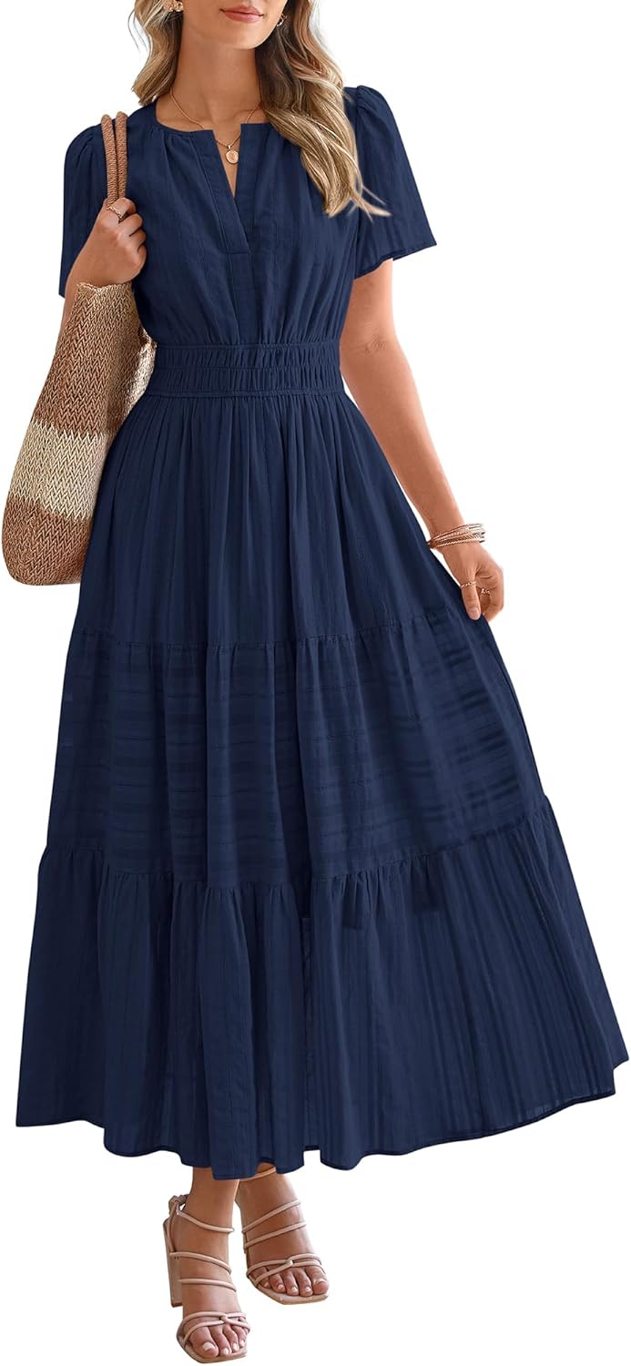 asual midi maxi dress, navy, short sleeves, tiered skirt and elastic waist