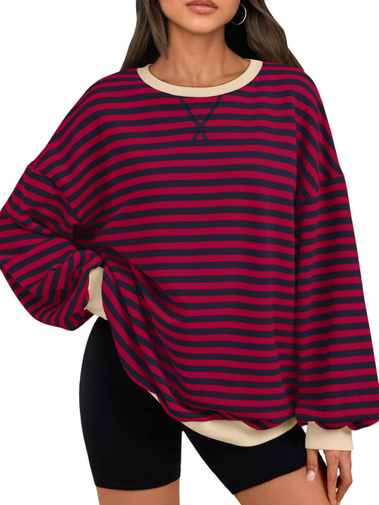 Oversized crewneck sweatshirt, dark burgundy striped knit, beige ribbed crew neck