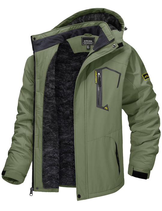 Men’s winter ski jacket with hood, olive green and black, insulated fleece lining