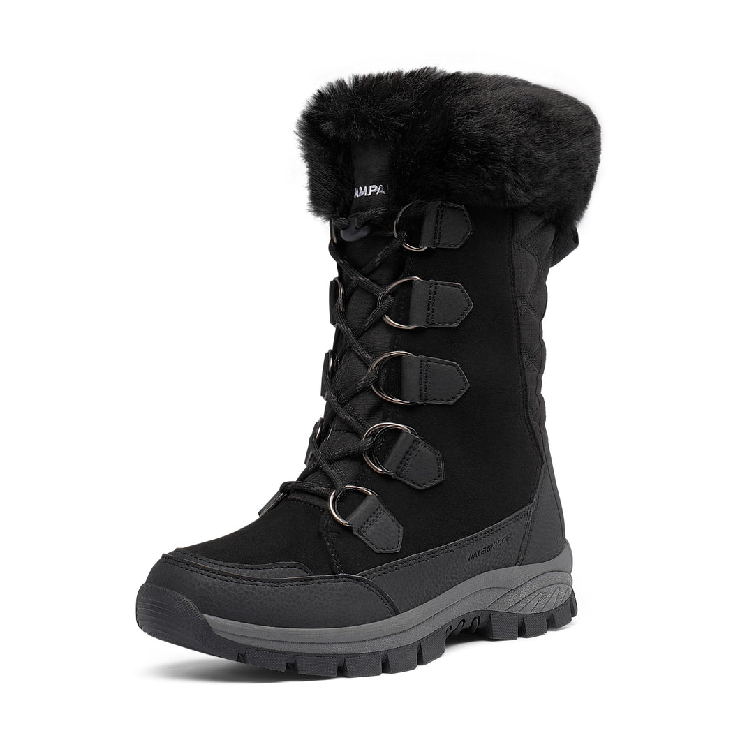 Black waterproof winter snow boot with faux fur cuff, lace-up straps, and traction sole
