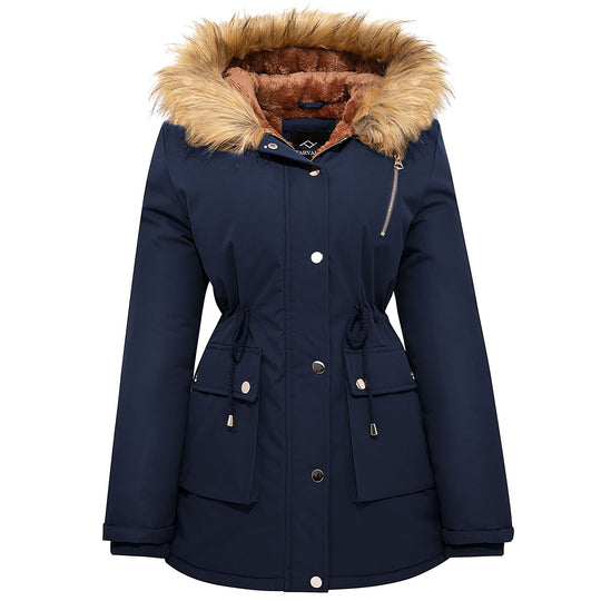 Navy winter puffer parka with faux-fur hood, button front, drawstring waist, flap pockets.
