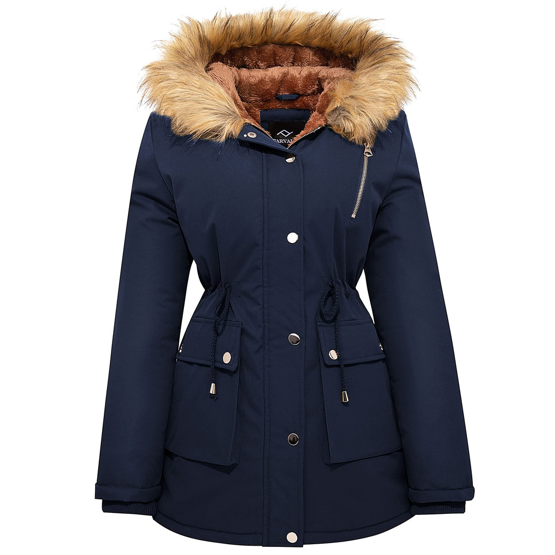 Navy winter puffer parka with faux fur hood, front button placket and side flap pockets