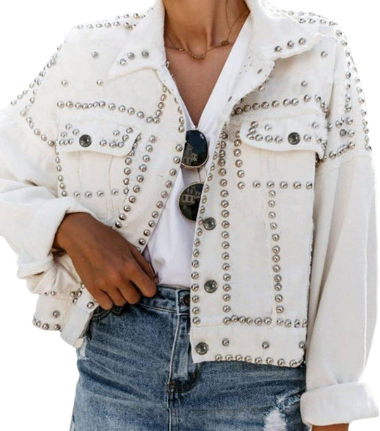 White PUWEI cropped jean jacket with silver rivets and button-front flap pockets