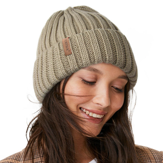 Fleece-lined ribbed knit beanie, light khaki beige, folded brim