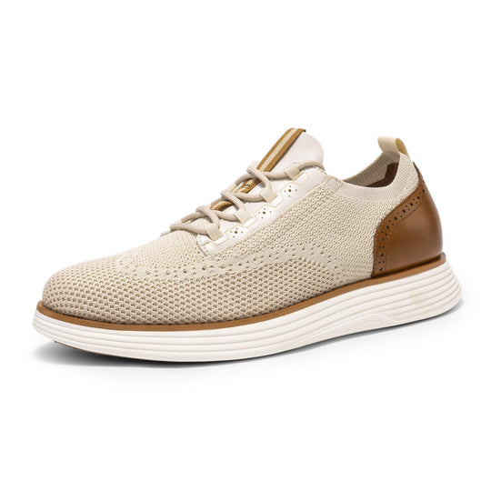 Beige knit lace-up sneakers with wingtip perforations, tan side panel, white sole