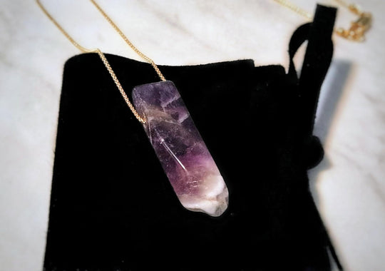 Amethyst crystal bar necklace pendant, faceted purple stone with white base