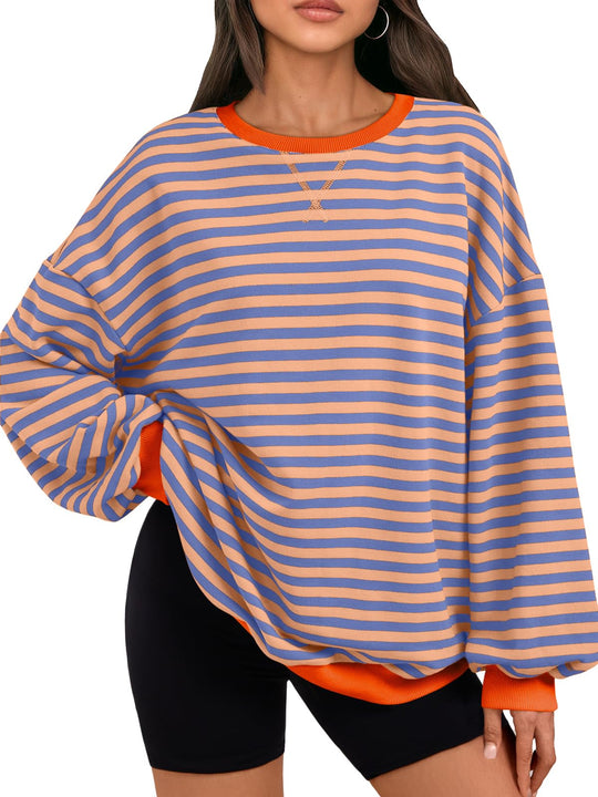 Oversized Sweatshirt blau gestreift mit orangefarbenem Saum am Rundhalsausschnitt